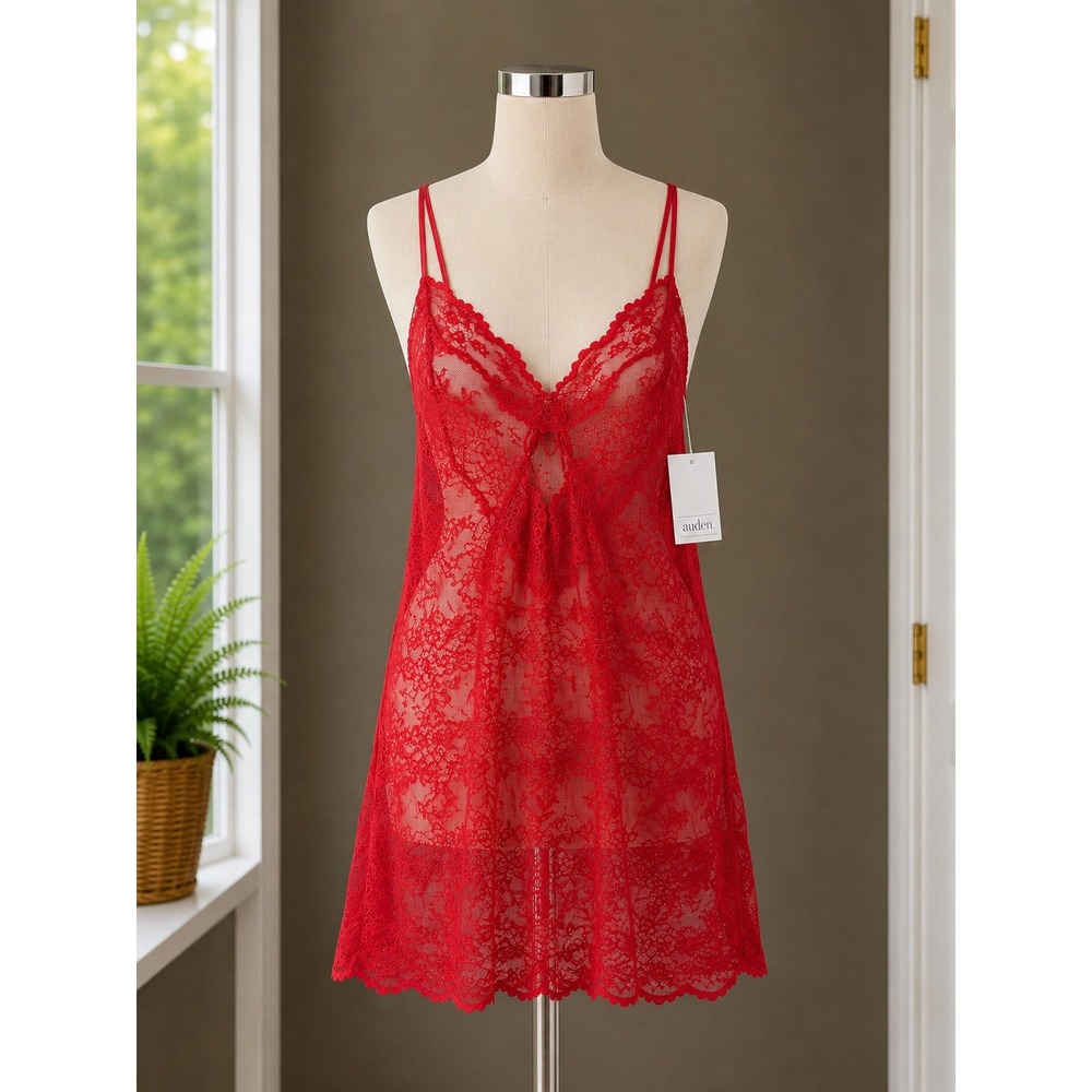Auden Red Floral Lace Chemise Nightgown Sheer Adjustable Straps Medium NWT